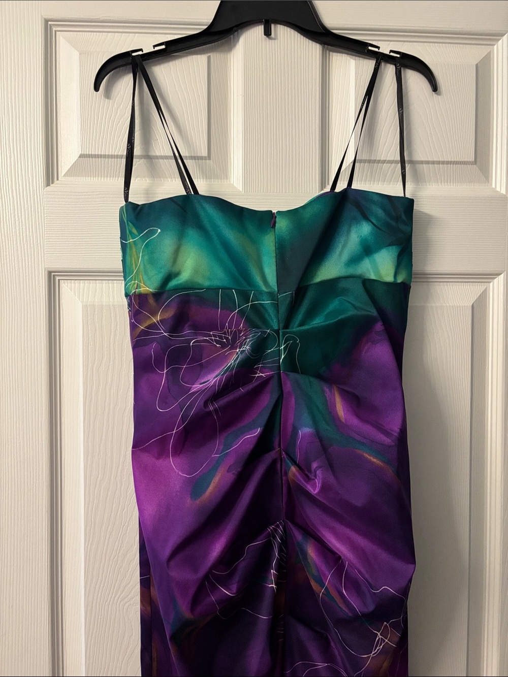 Strapless Floral Satin Evening Dress in Purple & Teal with Embellished Accent - Picture 5 of 6